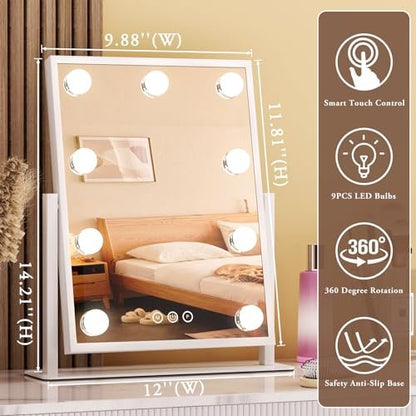 Dirket Vanity Mirror with Lights – 9 Dimmable Bulbs, 3 Color Modes, 360° Rotation, Smart Touch Control, White Avelisse