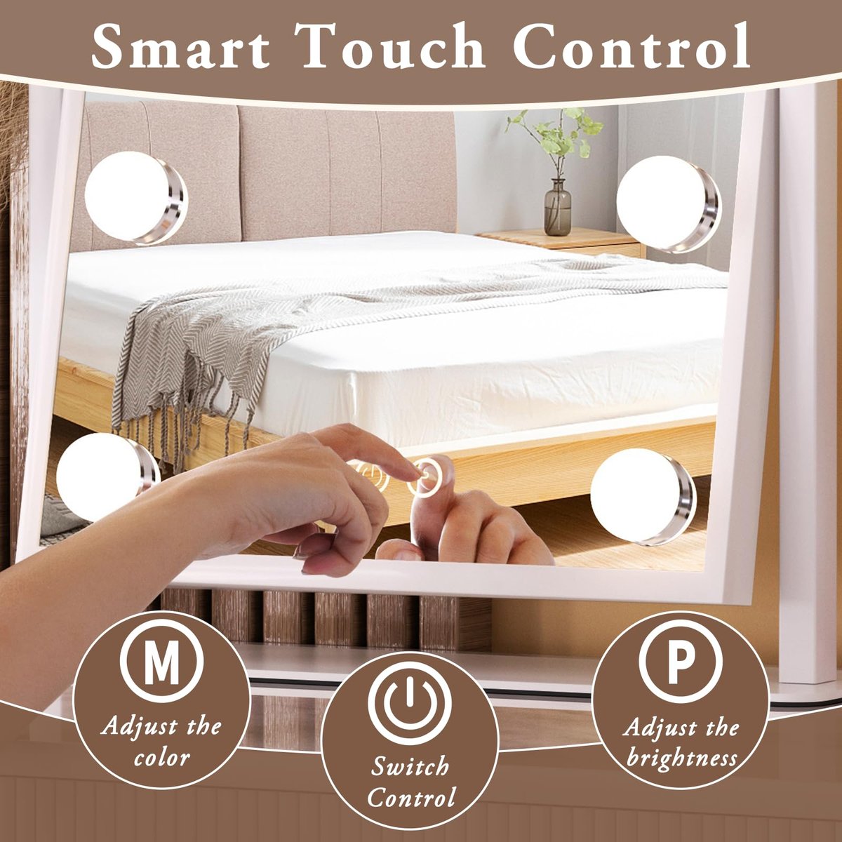 Dirket Vanity Mirror with Lights – 9 Dimmable Bulbs, 3 Color Modes, 360° Rotation, Smart Touch Control, White Avelisse