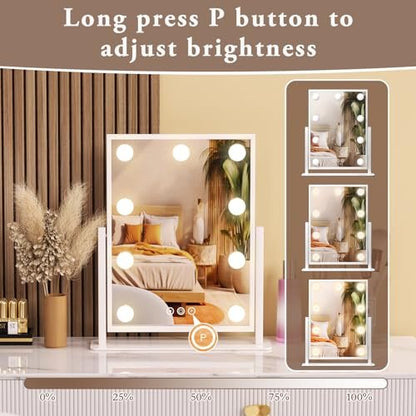 Dirket Vanity Mirror with Lights – 9 Dimmable Bulbs, 3 Color Modes, 360° Rotation, Smart Touch Control, White Avelisse
