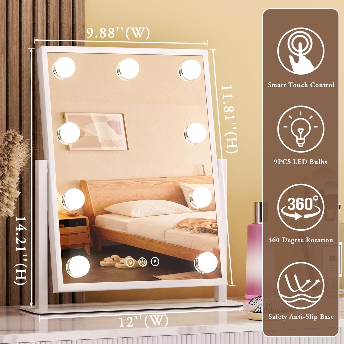 Dirket Vanity Mirror with Lights – 9 Dimmable Bulbs, 3 Color Modes, 360° Rotation, Smart Touch Control, White Avelisse