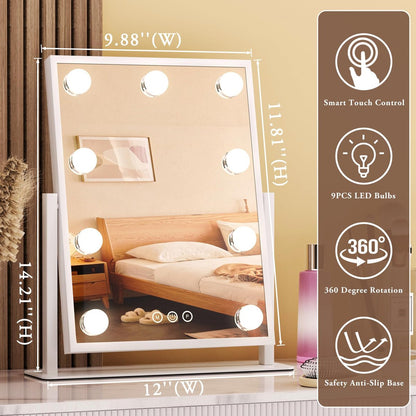Dirket Vanity Mirror with Lights – 9 Dimmable Bulbs, 3 Color Modes, 360° Rotation, Smart Touch Control, White Avelisse
