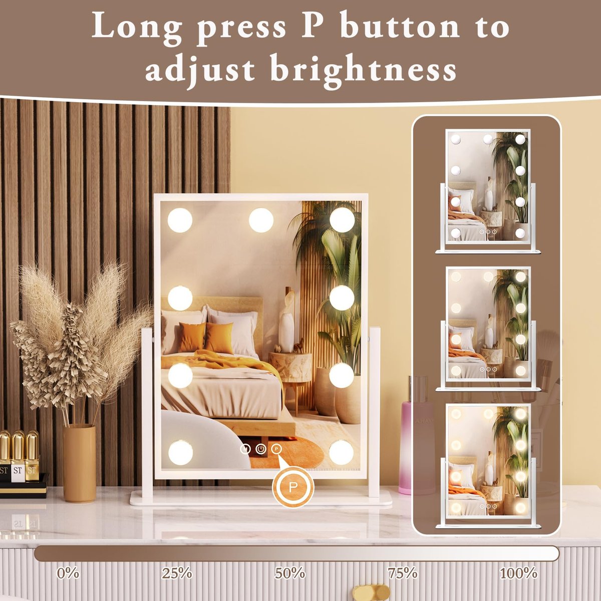 Dirket Vanity Mirror with Lights – 9 Dimmable Bulbs, 3 Color Modes, 360° Rotation, Smart Touch Control, White Avelisse
