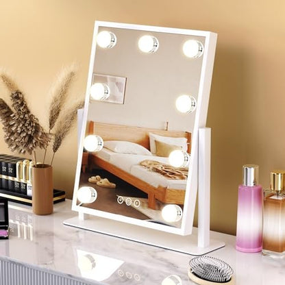 Dirket Vanity Mirror with Lights – 9 Dimmable Bulbs, 3 Color Modes, 360° Rotation, Smart Touch Control, White Avelisse