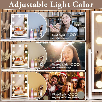Dirket Vanity Mirror with Lights – 9 Dimmable Bulbs, 3 Color Modes, 360° Rotation, Smart Touch Control, White Avelisse