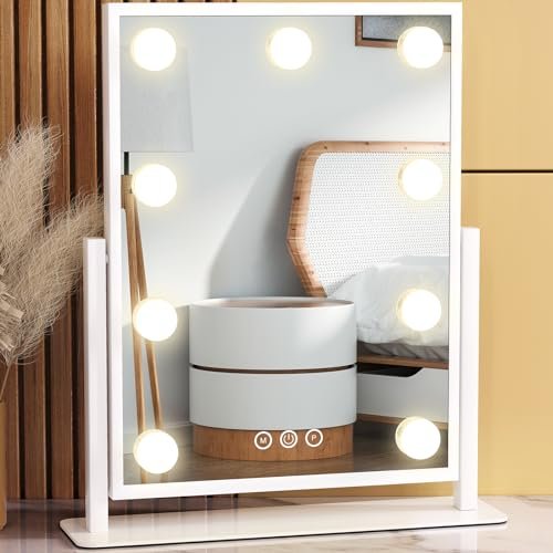 Dirket Vanity Mirror with Lights – 9 Dimmable Bulbs, 3 Color Modes, 360° Rotation, Smart Touch Control, White Avelisse