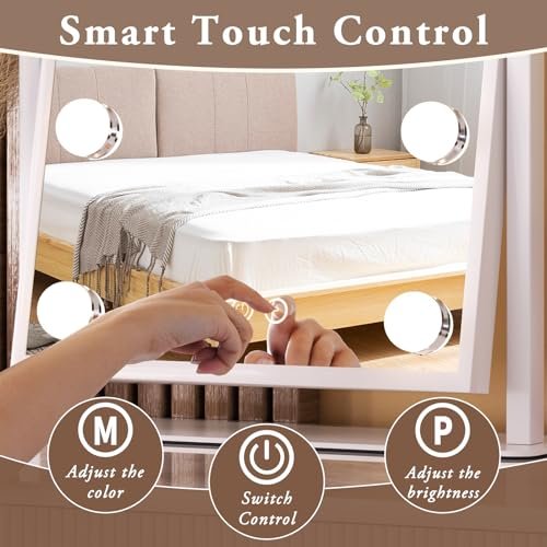 Dirket Vanity Mirror with Lights – 9 Dimmable Bulbs, 3 Color Modes, 360° Rotation, Smart Touch Control, White Avelisse