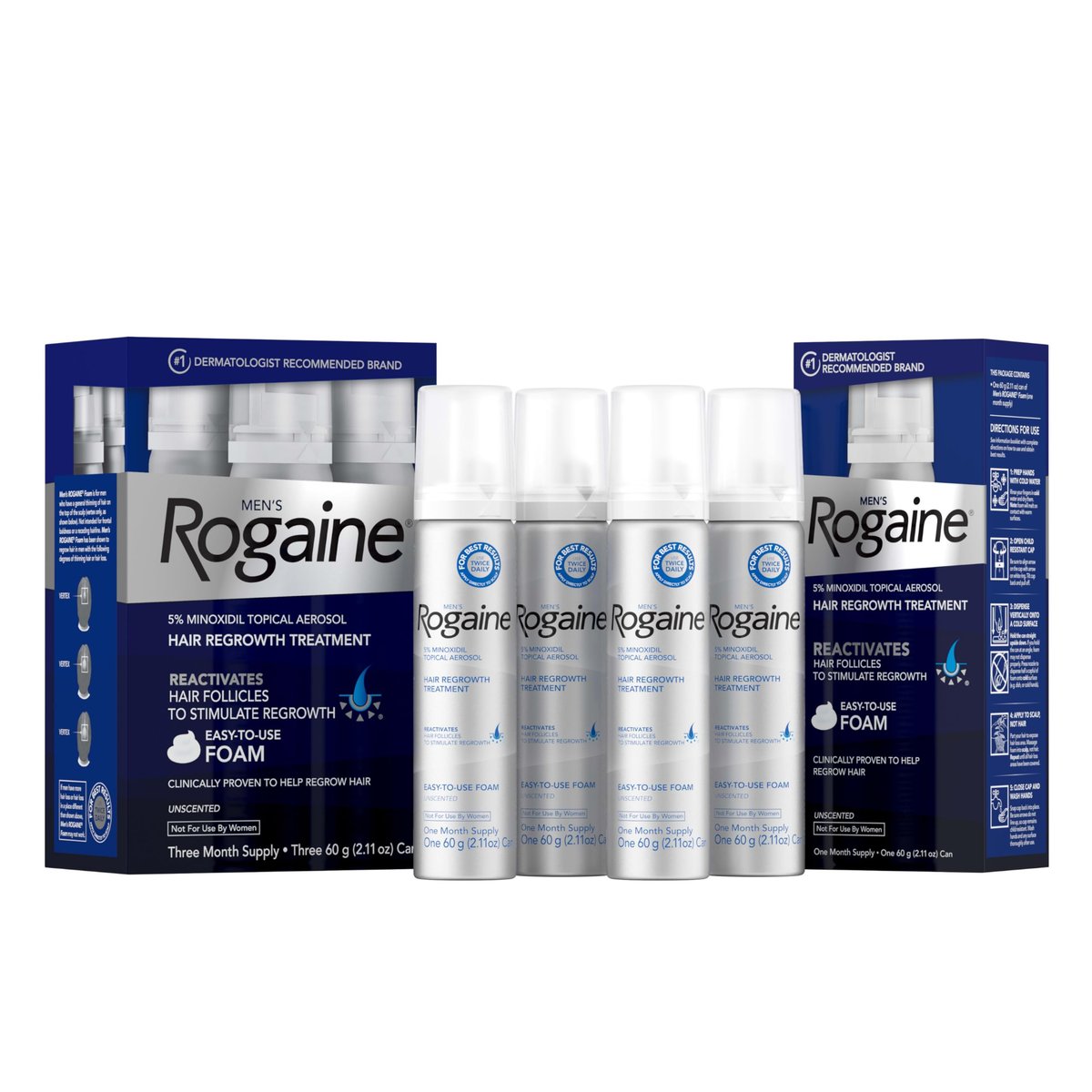 Rogaine Men's 5% Minoxidil Foam Hair Regrowth Treatment, Extra Strength, Unscented, 4 Month Supply (4 x 2.11 oz Cans) Avelisse