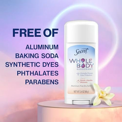 Secret Whole Body Deodorant Stick for Women, Peach & Vanilla, Aluminum Free, 72 HR Odor Protection, 2.4 oz
