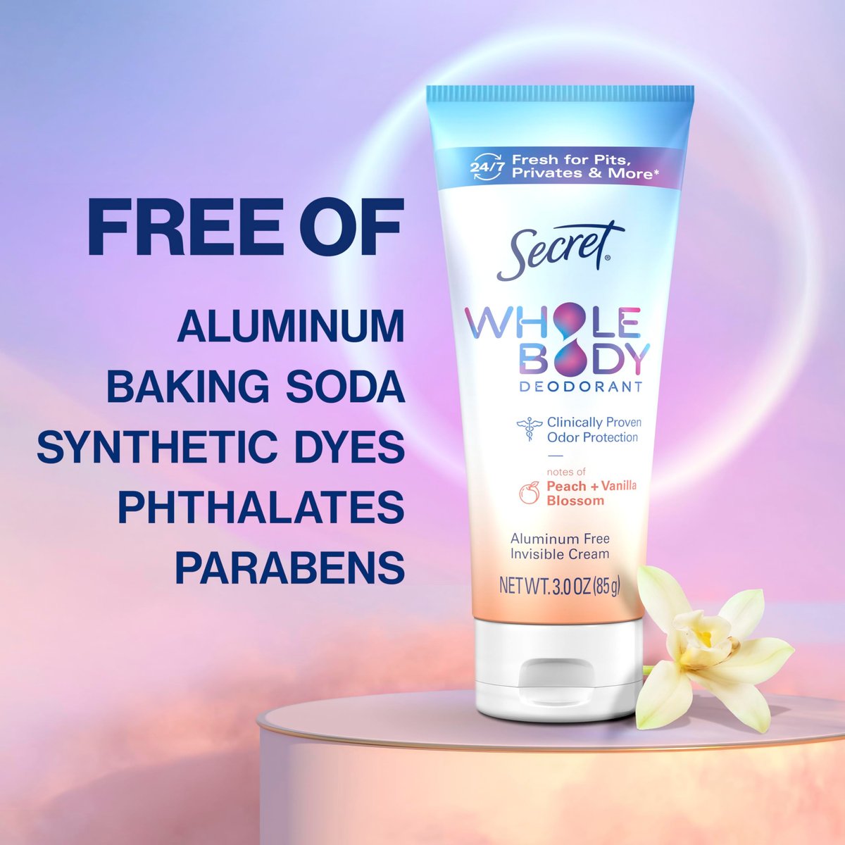 Secret Whole Body Deodorant Cream for Women, Peach & Vanilla Blossom Scent, Aluminum Free Deodorant, 72 HR Odor Protection, 3.0 oz - görsel 9