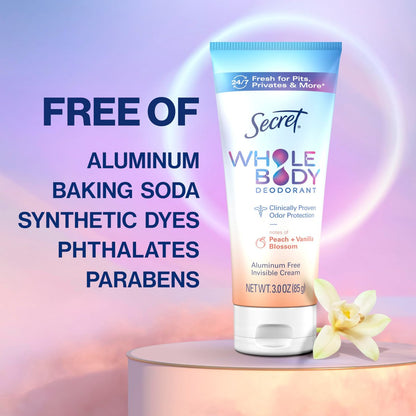 Secret Whole Body Deodorant Cream for Women, Peach & Vanilla Blossom Scent, Aluminum Free Deodorant, 72 HR Odor Protection, 3.0 oz