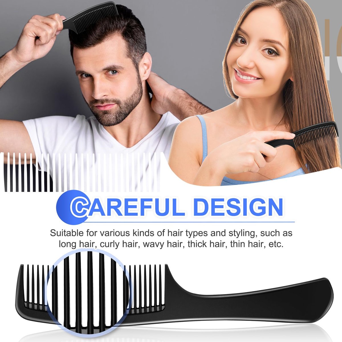 Rsiynax Professional Teasing Comb Set - 3 Pieces Black Carbon Fiber Hair Combs for Cutting, Styling, Fine & Wide Teeth - for Women and Men - görsel 3