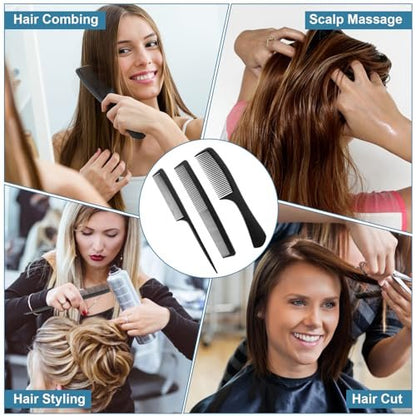 Rsiynax Professional Teasing Comb Set - 3 Pieces Black Carbon Fiber Hair Combs for Cutting, Styling, Fine & Wide Teeth - for Women and Men
