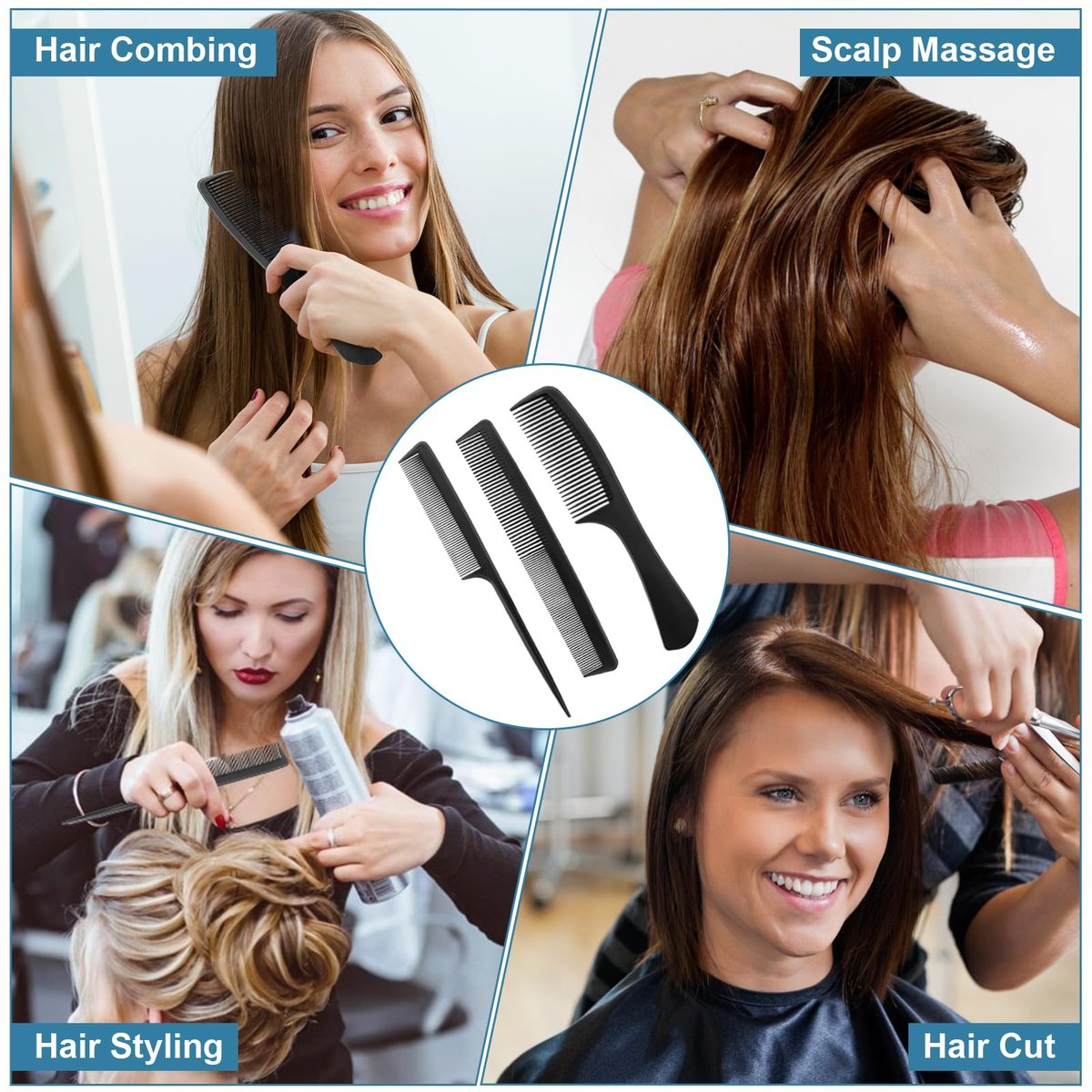 Rsiynax Professional Teasing Comb Set - 3 Pieces Black Carbon Fiber Hair Combs for Cutting, Styling, Fine & Wide Teeth - for Women and Men - görsel 9
