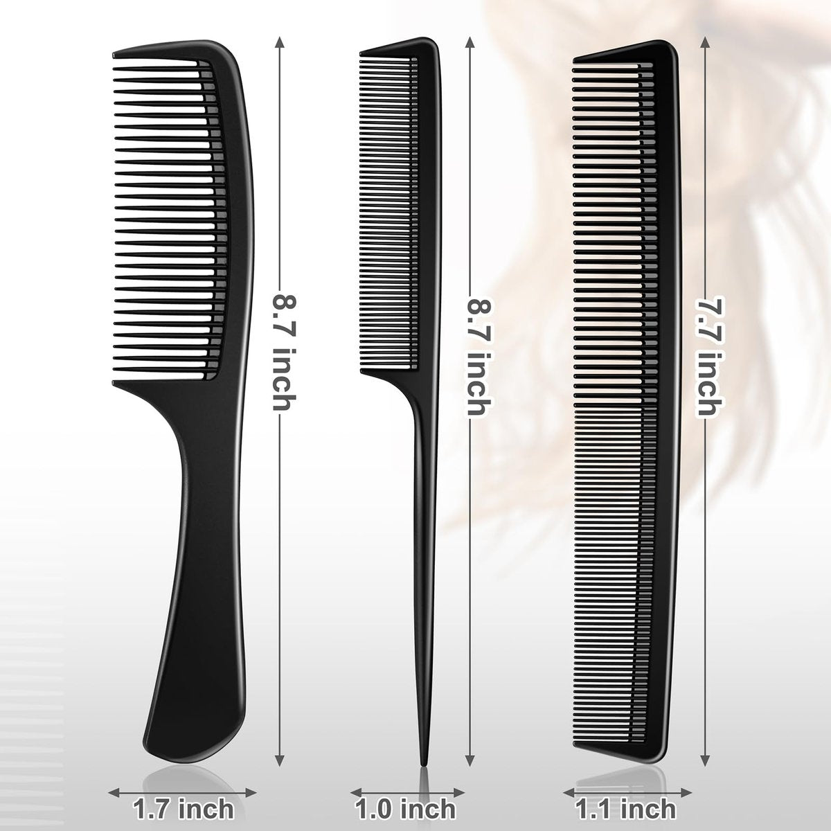 Rsiynax Professional Teasing Comb Set - 3 Pieces Black Carbon Fiber Hair Combs for Cutting, Styling, Fine & Wide Teeth - for Women and Men - görsel 11