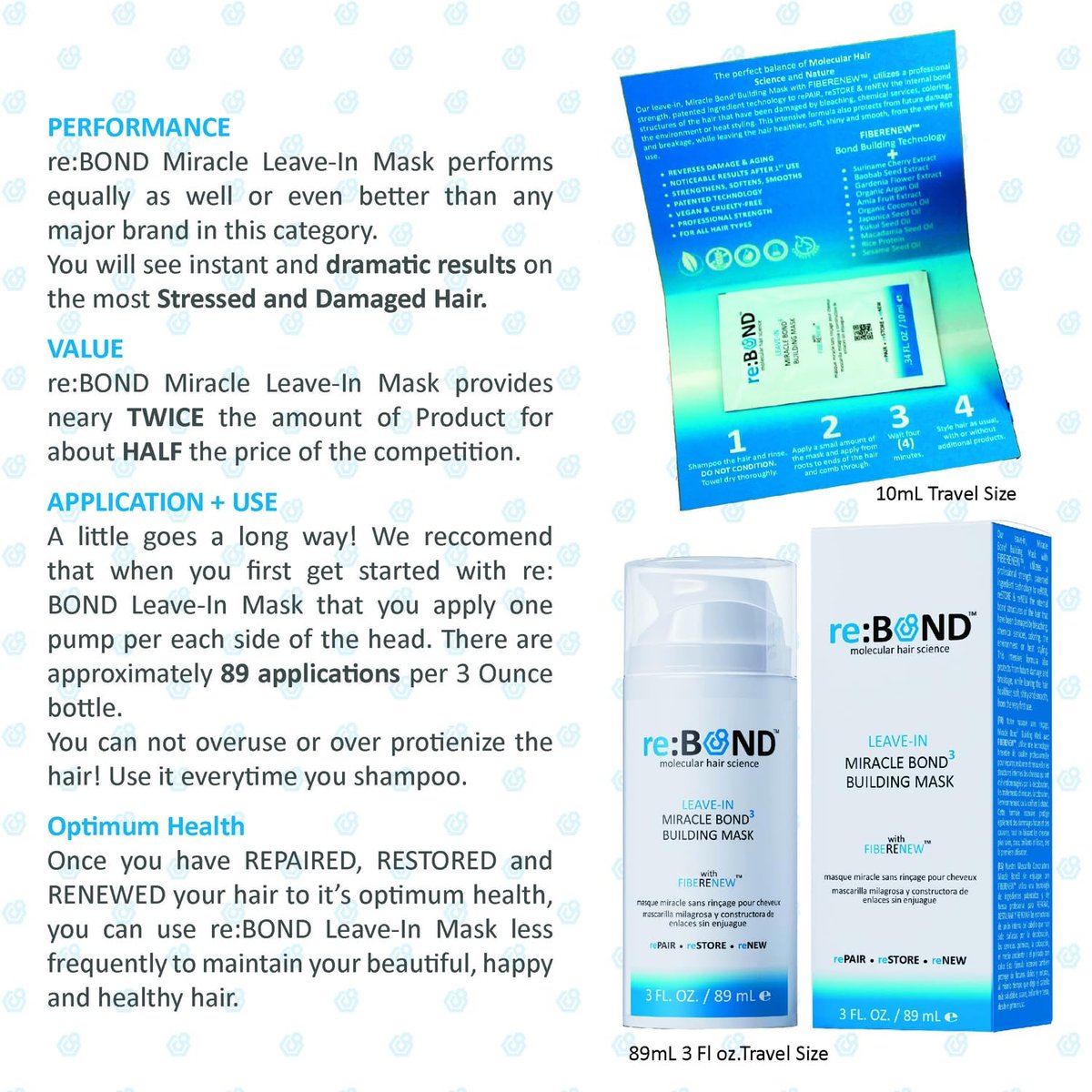 reBOND Leave-in Miracle Bond Building Hair Mask - 4 Minute Repair Treatment for Bleached, Damaged, Dry, Colored or Frizzy Hair, 3oz + .34oz Avelisse