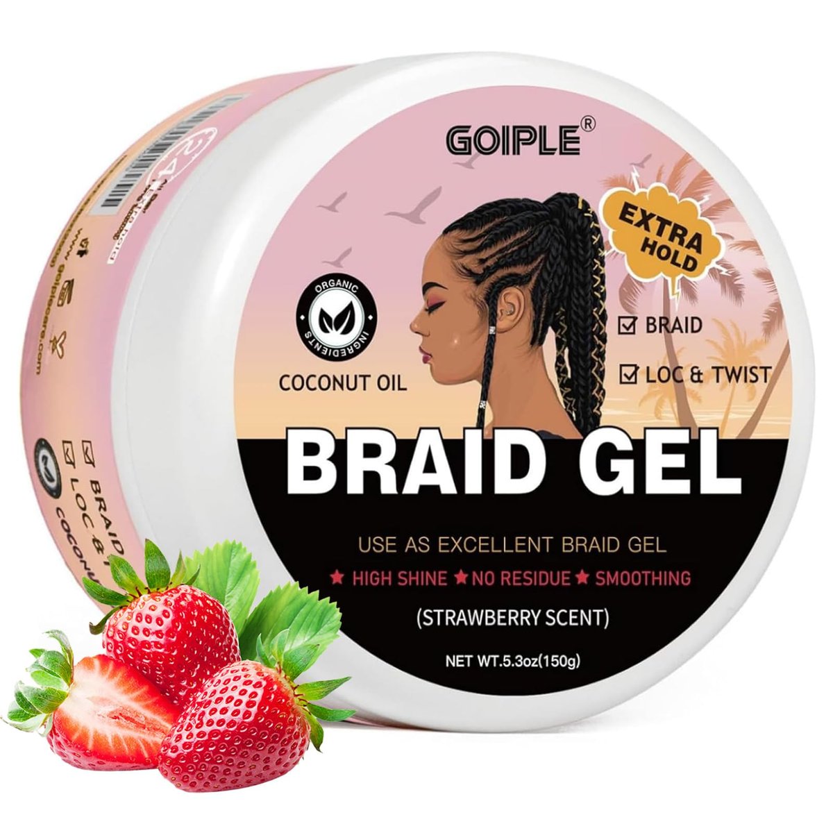 150g Braid Gel with Extra Hold, High Shine for Twists, Locs, Braids & Edge Control - Smooths Frizz, Long-Lasting for Locks, Cornrows 5.3oz (Strawberry Flavor) - görsel 1