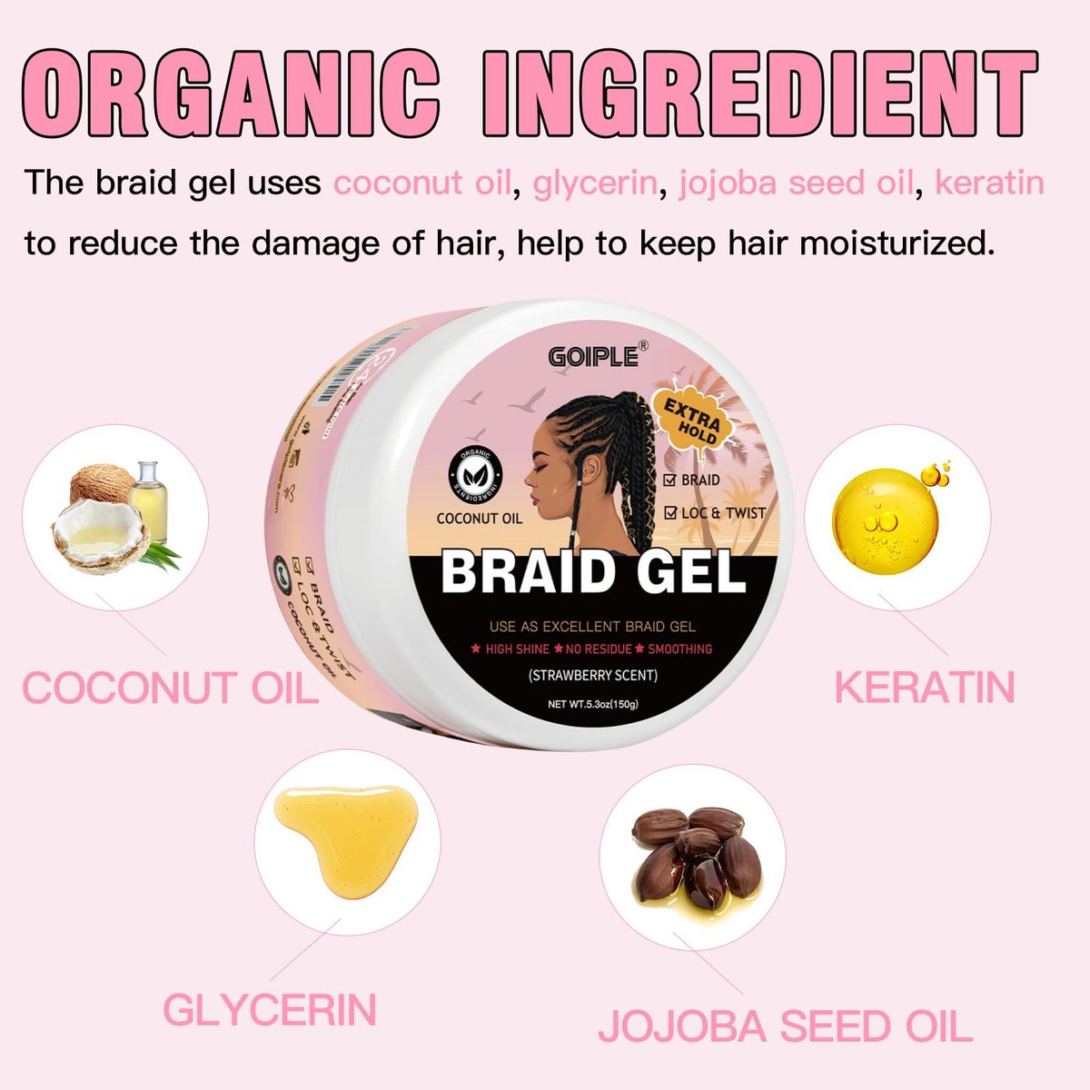 150g Braid Gel with Extra Hold, High Shine for Twists, Locs, Braids & Edge Control - Smooths Frizz, Long-Lasting for Locks, Cornrows 5.3oz (Strawberry Flavor) - görsel 3