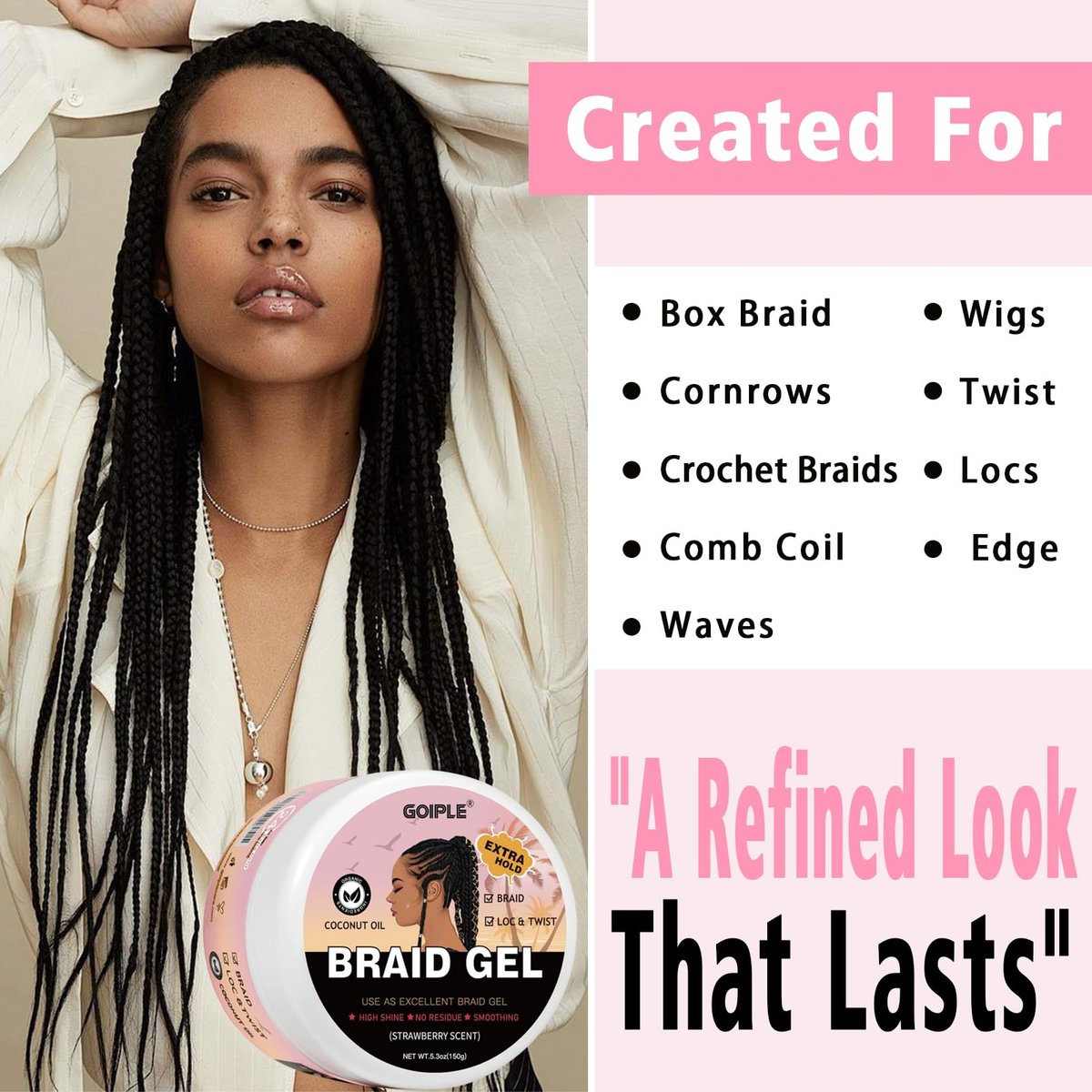 150g Braid Gel with Extra Hold, High Shine for Twists, Locs, Braids & Edge Control - Smooths Frizz, Long-Lasting for Locks, Cornrows 5.3oz (Strawberry Flavor) - görsel 7