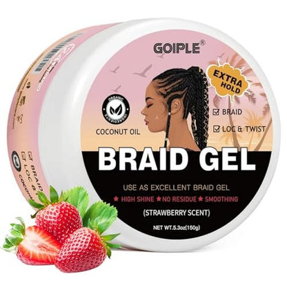 150g Braid Gel with Extra Hold, High Shine for Twists, Locs, Braids & Edge Control - Smooths Frizz, Long-Lasting for Locks, Cornrows 5.3oz (Strawberry Flavor)