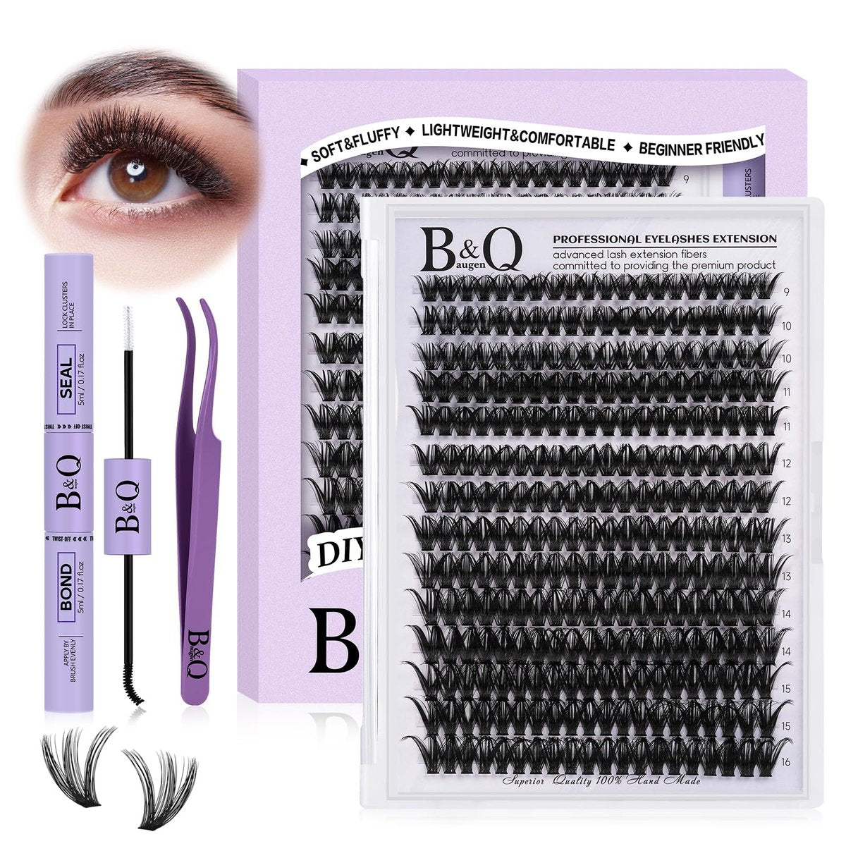 DIY Lash Extension Kit – 280pcs Individual Lashes Cluster D Curl with Bond & Seal for Self Application (50D, 9-16mm Mix) - görsel 1
