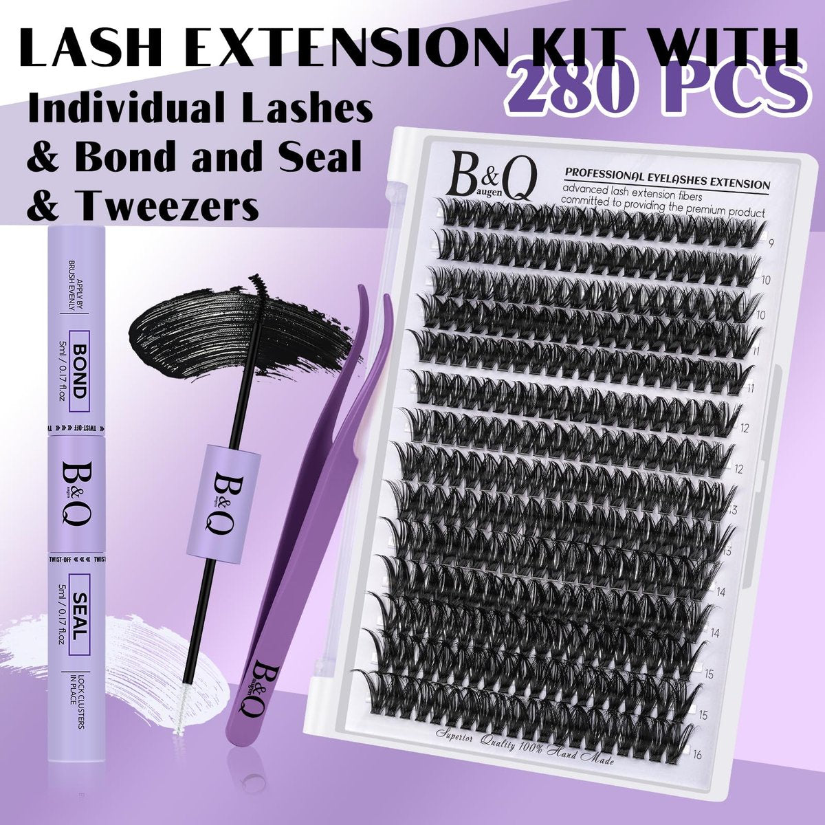 DIY Lash Extension Kit – 280pcs Individual Lashes Cluster D Curl with Bond & Seal for Self Application (50D, 9-16mm Mix) - görsel 5