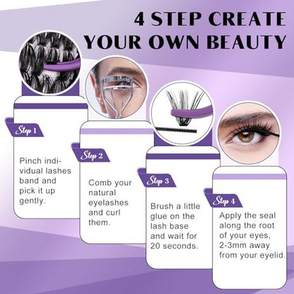 DIY Lash Extension Kit – 280pcs Individual Lashes Cluster D Curl with Bond & Seal for Self Application (50D, 9-16mm Mix)