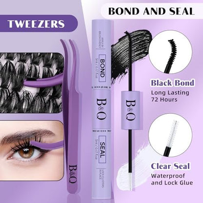 DIY Lash Extension Kit – 280pcs Individual Lashes Cluster D Curl with Bond & Seal for Self Application (50D, 9-16mm Mix)