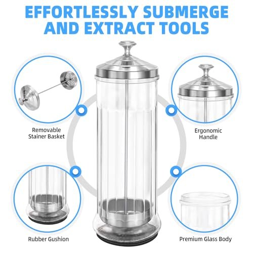 STNFAREBI Glass Disinfectant Jar 53 Oz (1500ML) with Anti-Slip Pad and Removable Stainless Steel Basket for Barber, Manicure & Pedicure Tools - 11.7"H x 3.8"W Avelisse
