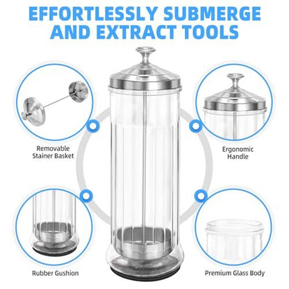 STNFAREBI Glass Disinfectant Jar 53 Oz (1500ML) with Anti-Slip Pad and Removable Stainless Steel Basket for Barber, Manicure & Pedicure Tools - 11.7"H x 3.8"W Avelisse