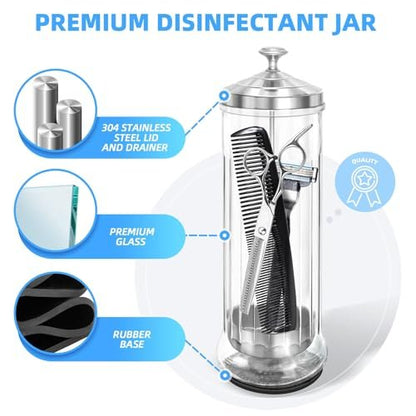 STNFAREBI Glass Disinfectant Jar 53 Oz (1500ML) with Anti-Slip Pad and Removable Stainless Steel Basket for Barber, Manicure & Pedicure Tools - 11.7"H x 3.8"W Avelisse