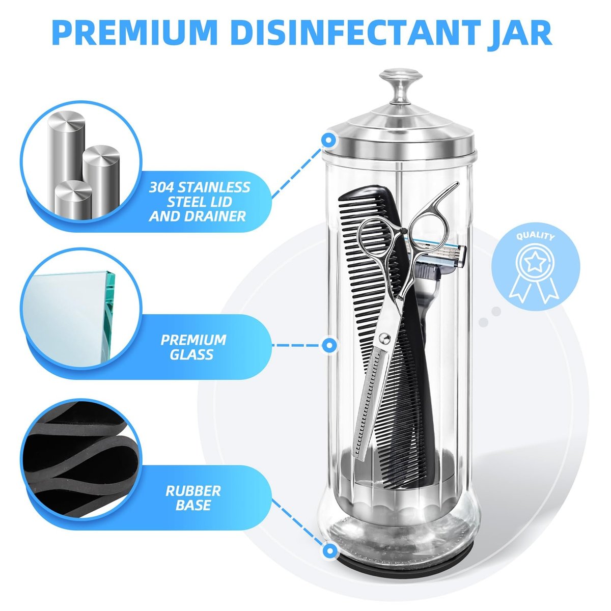 STNFAREBI Glass Disinfectant Jar 53 Oz (1500ML) with Anti-Slip Pad and Removable Stainless Steel Basket for Barber, Manicure & Pedicure Tools - 11.7"H x 3.8"W Avelisse