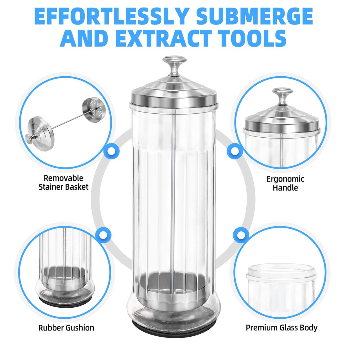 STNFAREBI Glass Disinfectant Jar 53 Oz (1500ML) with Anti-Slip Pad and Removable Stainless Steel Basket for Barber, Manicure & Pedicure Tools - 11.7"H x 3.8"W Avelisse