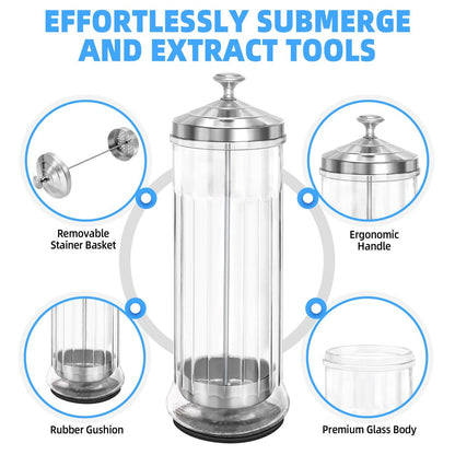 STNFAREBI Glass Disinfectant Jar 53 Oz (1500ML) with Anti-Slip Pad and Removable Stainless Steel Basket for Barber, Manicure & Pedicure Tools - 11.7"H x 3.8"W Avelisse