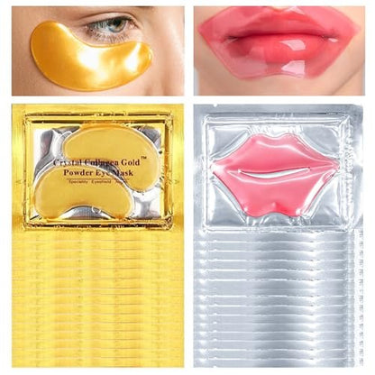 PERVALA 30-Piece Lip Mask & Under Eye Mask Set – 24K Gold Under Eye Patches for Puffy Eyes, Pink Lip Masks for Moisturizing, Reducing Fine Lines & Dark Circles