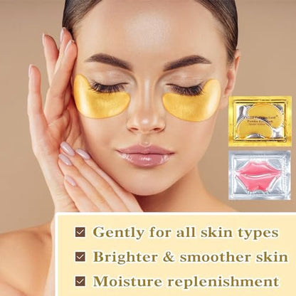 PERVALA 30-Piece Lip Mask & Under Eye Mask Set – 24K Gold Under Eye Patches for Puffy Eyes, Pink Lip Masks for Moisturizing, Reducing Fine Lines & Dark Circles