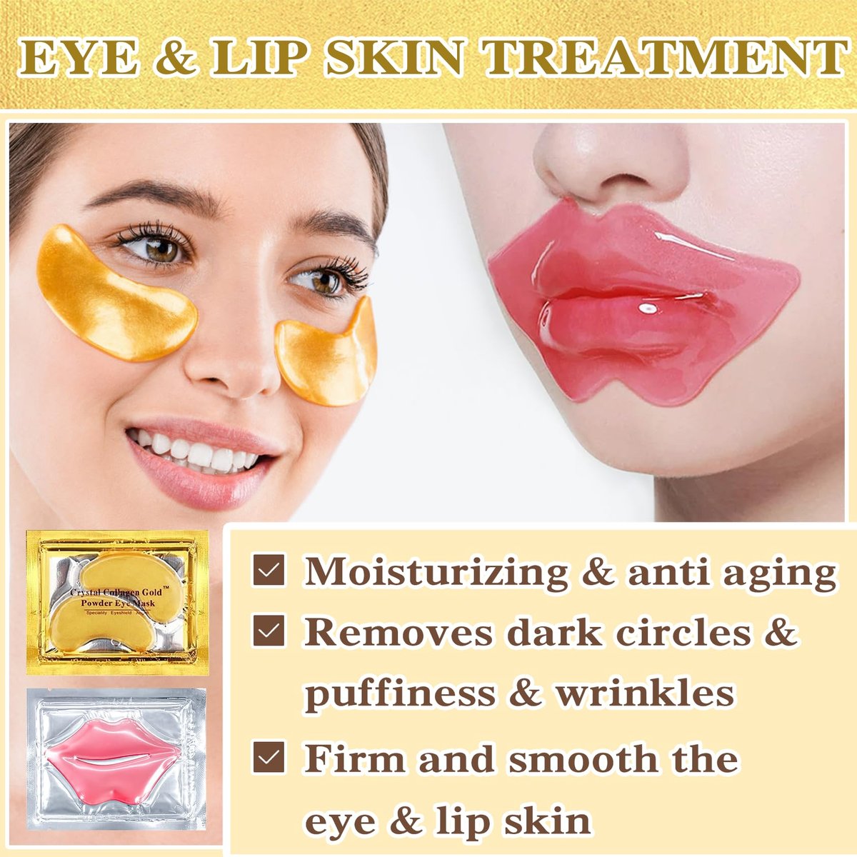 PERVALA 30-Piece Lip Mask & Under Eye Mask Set – 24K Gold Under Eye Patches for Puffy Eyes, Pink Lip Masks for Moisturizing, Reducing Fine Lines & Dark Circles - görsel 3