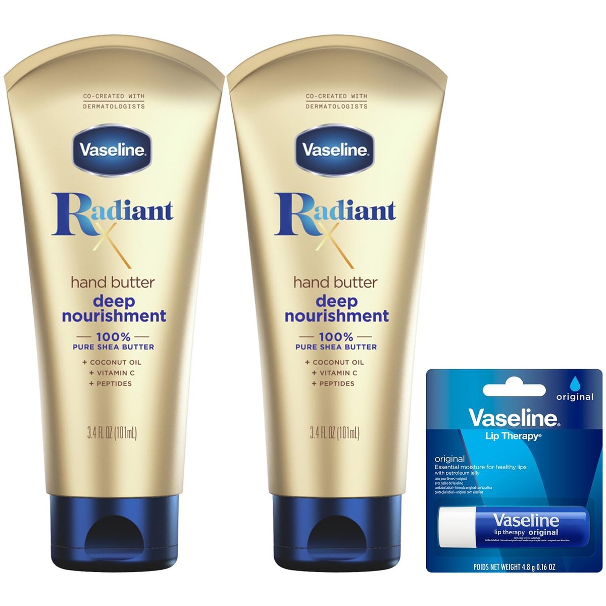 Vaseline Radiant X Deep Nourishment Hand Butter 2-Pack + Original Lip Therapy Stick - 3 Piece Set for Dry Skin Avelisse