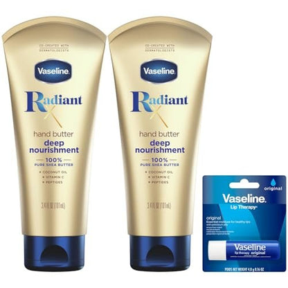 Vaseline Radiant X Deep Nourishment Hand Butter 2-Pack + Original Lip Therapy Stick - 3 Piece Set for Dry Skin Avelisse