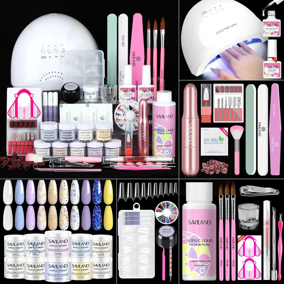 Saviland Acrylic Nail Kit with Everything: 10 Colors Acrylic Powder, Clear Liquid Monomer, 48W Nail Lamp, 20000RPM Nail Drill – Complete Home Manicure Set for Nail Extensions (334pcs, Gold Purple) - görsel 1