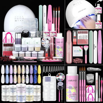 Saviland Acrylic Nail Kit with Everything: 10 Colors Acrylic Powder, Clear Liquid Monomer, 48W Nail Lamp, 20000RPM Nail Drill – Complete Home Manicure Set for Nail Extensions (334pcs, Gold Purple)
