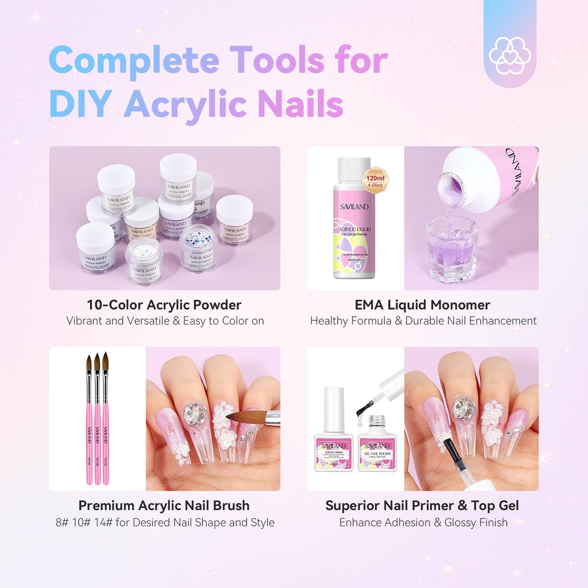 Saviland Acrylic Nail Kit with Everything: 10 Colors Acrylic Powder, Clear Liquid Monomer, 48W Nail Lamp, 20000RPM Nail Drill – Complete Home Manicure Set for Nail Extensions (334pcs, Gold Purple) - görsel 5