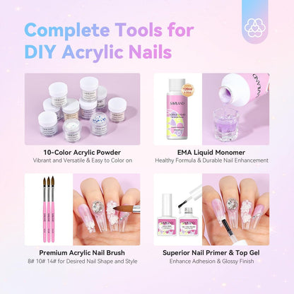 Saviland Acrylic Nail Kit with Everything: 10 Colors Acrylic Powder, Clear Liquid Monomer, 48W Nail Lamp, 20000RPM Nail Drill – Complete Home Manicure Set for Nail Extensions (334pcs, Gold Purple)