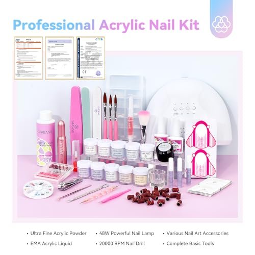 Saviland Acrylic Nail Kit with Everything: 10 Colors Acrylic Powder, Clear Liquid Monomer, 48W Nail Lamp, 20000RPM Nail Drill – Complete Home Manicure Set for Nail Extensions (334pcs, Gold Purple) - görsel 14