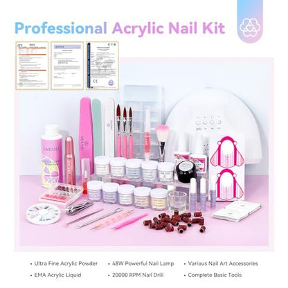Saviland Acrylic Nail Kit with Everything: 10 Colors Acrylic Powder, Clear Liquid Monomer, 48W Nail Lamp, 20000RPM Nail Drill – Complete Home Manicure Set for Nail Extensions (334pcs, Gold Purple)