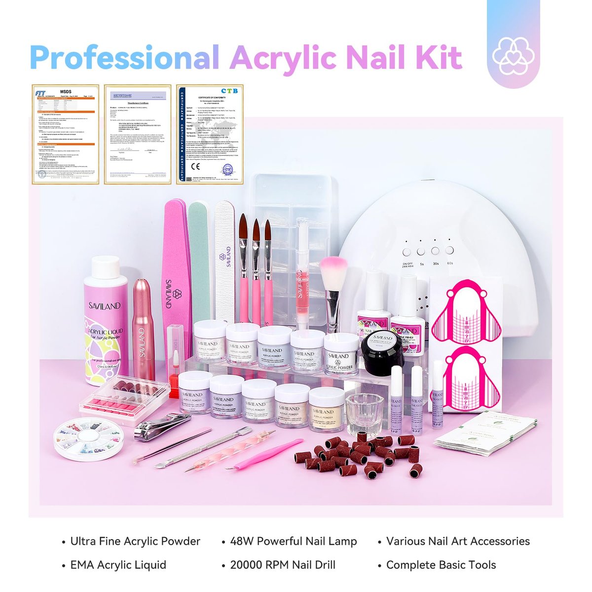 Saviland Acrylic Nail Kit with Everything: 10 Colors Acrylic Powder, Clear Liquid Monomer, 48W Nail Lamp, 20000RPM Nail Drill – Complete Home Manicure Set for Nail Extensions (334pcs, Gold Purple) - görsel 13