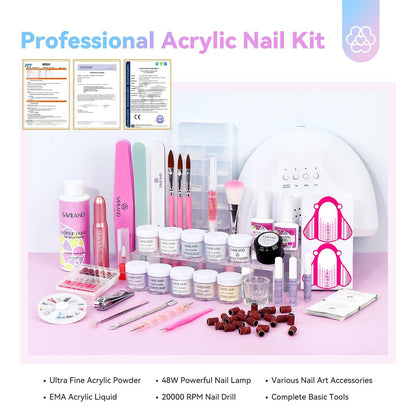 Saviland Acrylic Nail Kit with Everything: 10 Colors Acrylic Powder, Clear Liquid Monomer, 48W Nail Lamp, 20000RPM Nail Drill – Complete Home Manicure Set for Nail Extensions (334pcs, Gold Purple)