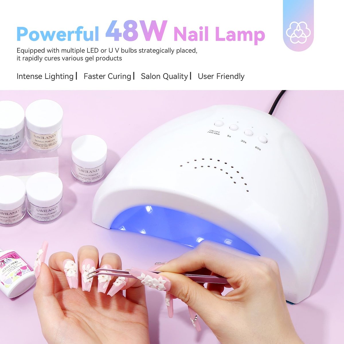 Saviland Acrylic Nail Kit with Everything: 10 Colors Acrylic Powder, Clear Liquid Monomer, 48W Nail Lamp, 20000RPM Nail Drill – Complete Home Manicure Set for Nail Extensions (334pcs, Gold Purple) - görsel 7