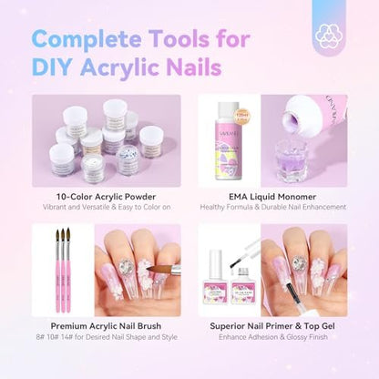 Saviland Acrylic Nail Kit with Everything: 10 Colors Acrylic Powder, Clear Liquid Monomer, 48W Nail Lamp, 20000RPM Nail Drill – Complete Home Manicure Set for Nail Extensions (334pcs, Gold Purple)