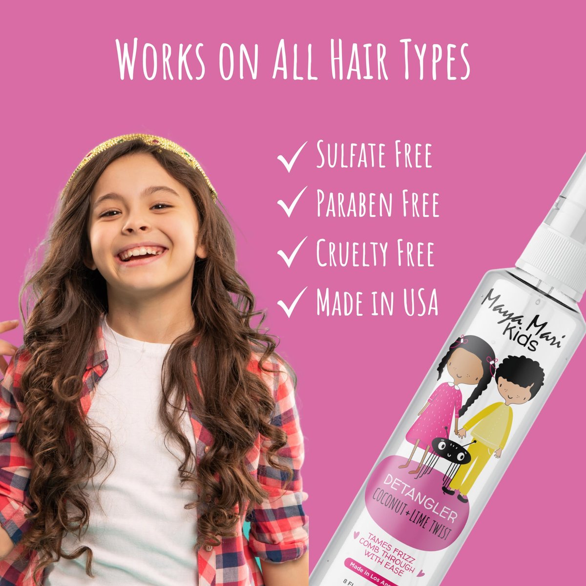 Maya Mari Kids Detangler Spray with Argan, Coconut and Lime Oils - Gentle Hair Detangler for Kids, Toddlers and Babies, 8 oz - No More Tangles, Ideal for Curly Hair Avelisse