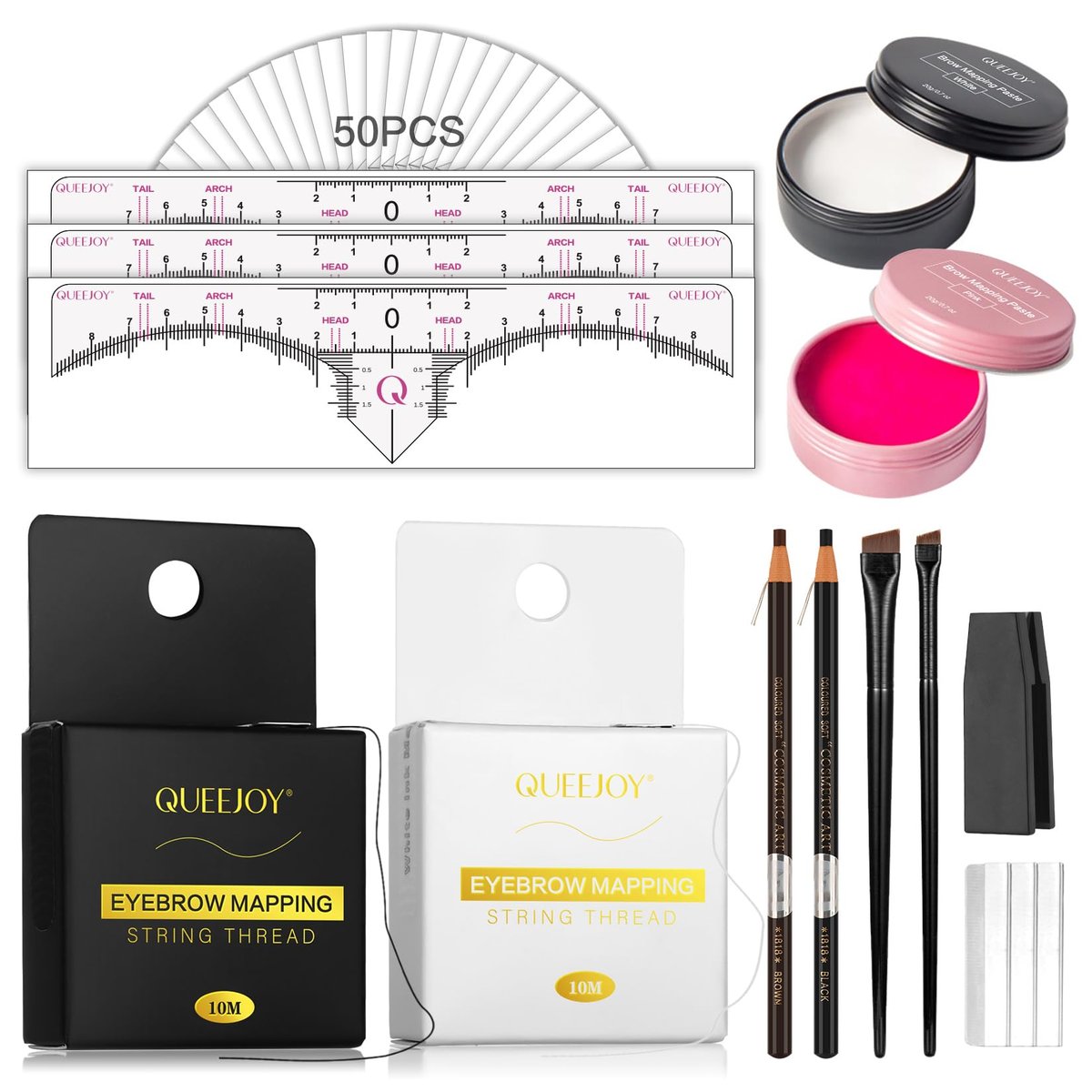 QUEEJOY Eyebrow Mapping Kit - Brow String, Stencils, Paste, Brushes & Tools for Perfect Brows - görsel 1